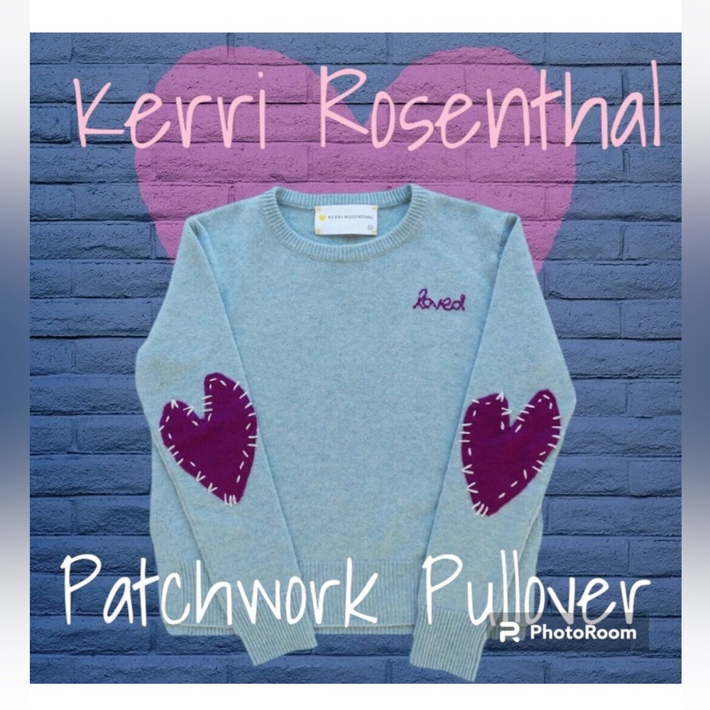 Kerri Rosenthal Sweater Designer XS Blue Pink 100% Cashmere Patchwork Love $368